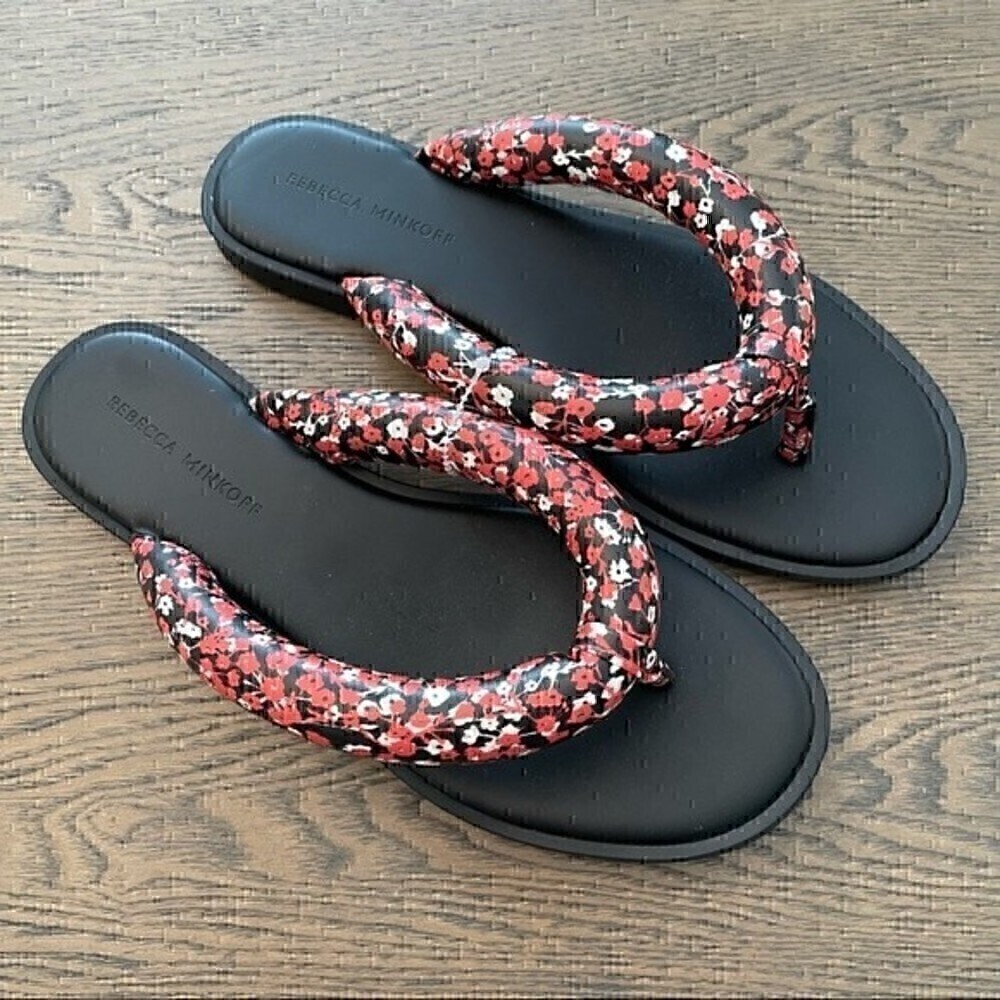 Black Flip Flop Sandals with Pink Floral Rope Straps - Picture 4 of 6
